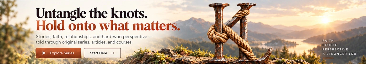 Untangle the knots. Hold onto what matters. Stories, faith, relationships, and hard-won perspective, told through original series, articles, and courses. Warm mountain sunrise with KL iron-and-twine logo.